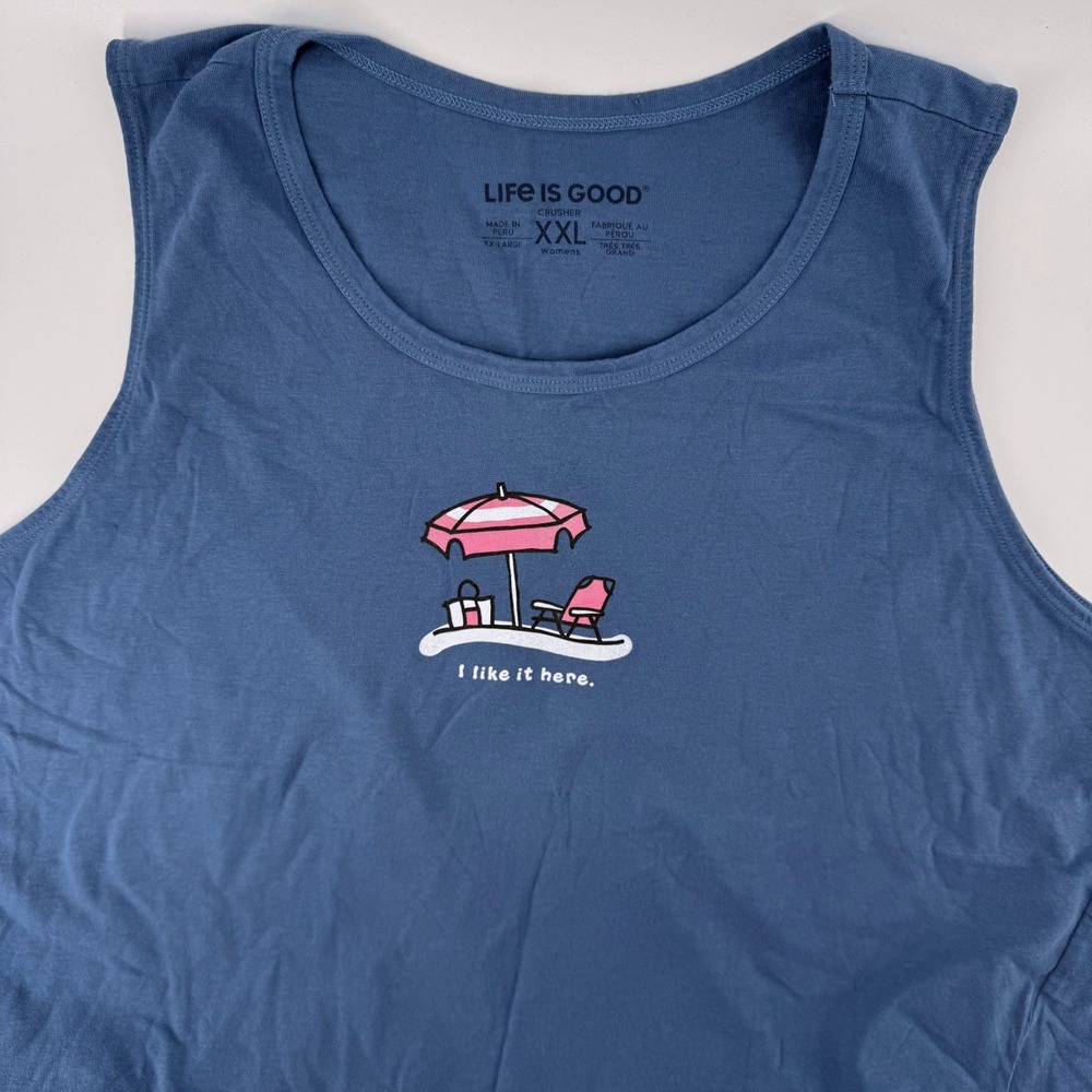 Life is Good Blue Crusher Tank Top XXL Womens Beach Graphic I Like It Here
